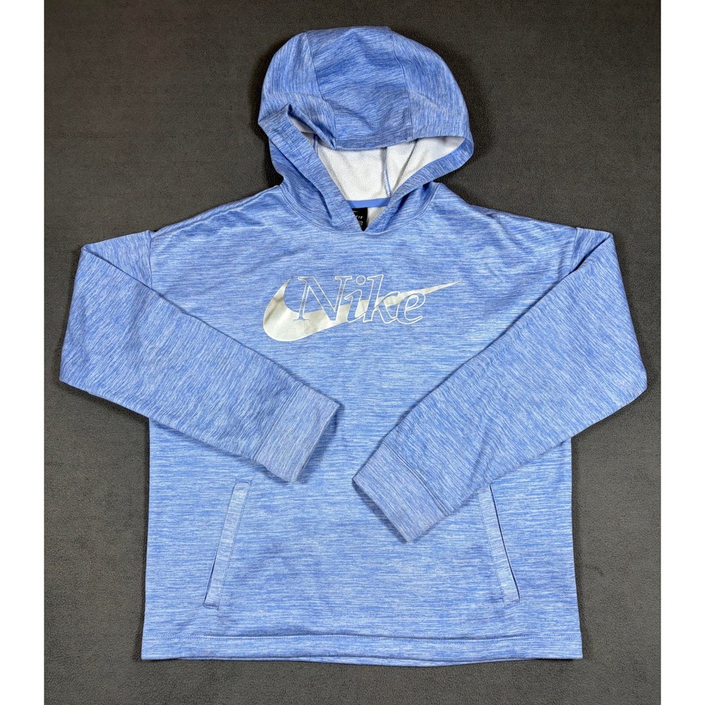 Nike Hoodie Girls Large Blue Dri-Fit Pullover Logo Space Dye